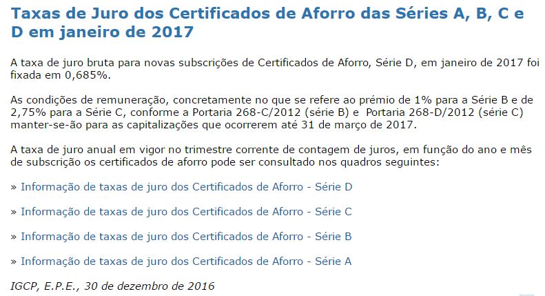 Certificados de Aforro Prémios nas séries históricas prolongados até 31 de março 2017